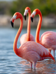 Three flamingos standing in calm waters with soft background.