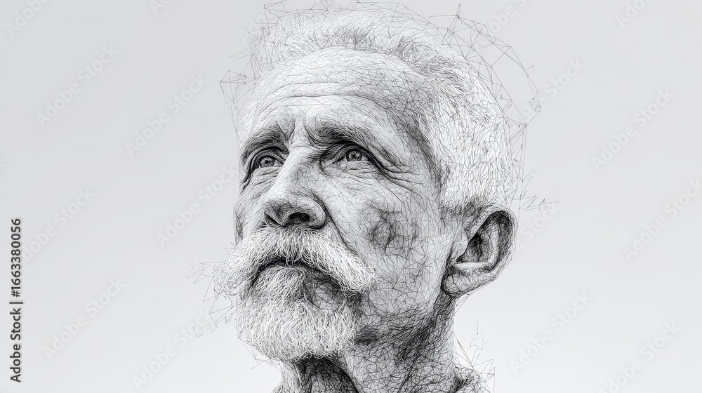 Poster elderly man with a thoughtful expression captured in intricate line art style