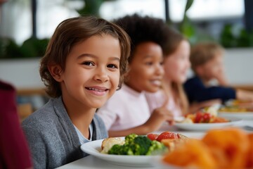 Diverse children enjoying healthy lunch together in school cafeteria
