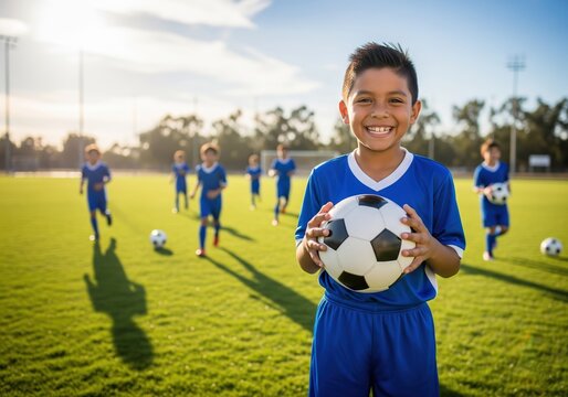 Joyful boy holding soccer ball on grassy field with teammates in background practicing teamwork sports activity outdoor play during childhood sunny day