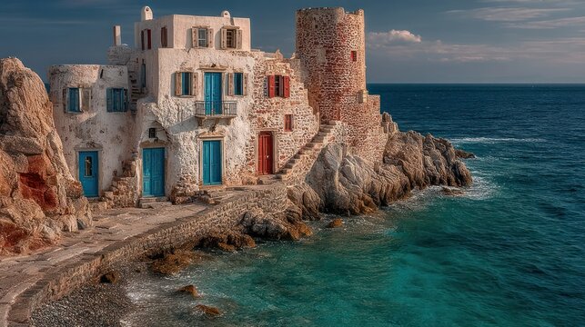 Coastal village, whitewashed buildings, blue doors, rocky shore, turquoise water - Powered by Adobe
