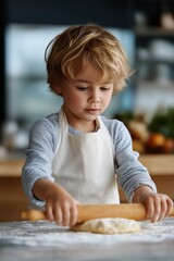 Young caucasian child baking in kitchen with rolling pin and dough