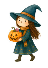 Cute Halloween Witch Watercolor Illustration, Spooky Witch Character Clipart