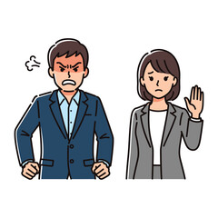Business Dispute Illustration: A male figure appears irate with an angry expression, while a female figure gestures with her hand with a refusal.
