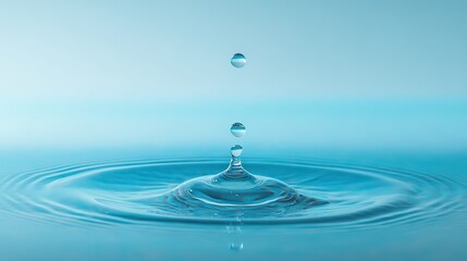 Close-up of water droplets on a light blue background, reflections and ripples of water droplets, suitable for artistic or product use, such as packaging graphics or branding materials.