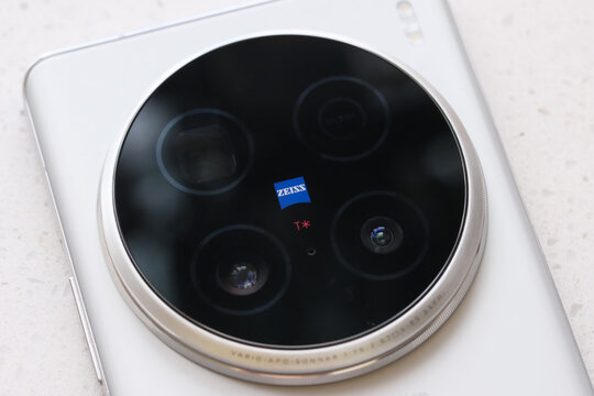 Shanghai,China-August 22nd 2025: ZEISS brand logo on Vivo X100 ultra smartphone camera