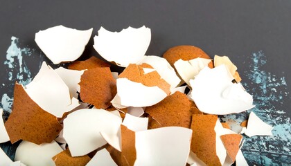 Broken egg shells on dark background