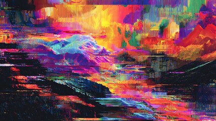 Abstract landscape with glitch effects showing mountains and sky in vibrant colors and vertical lines