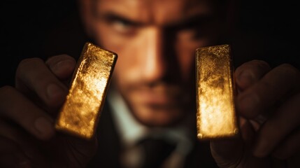 Mysterious businessman examining gold bars under shadowy lighting symbolizing value and wealth protection