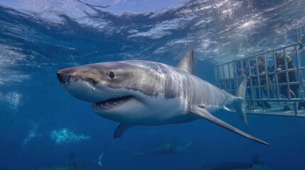 Naklejka premium Giant shark swims close to cage divers in clear ocean waters near scenic coastline