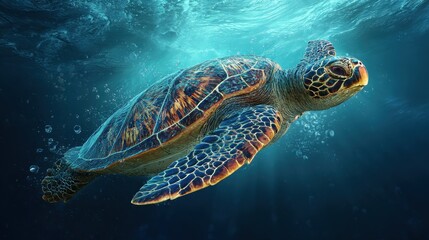 Fototapeta premium Majestic turtle gliding through clear ocean waters during mid-afternoon dive