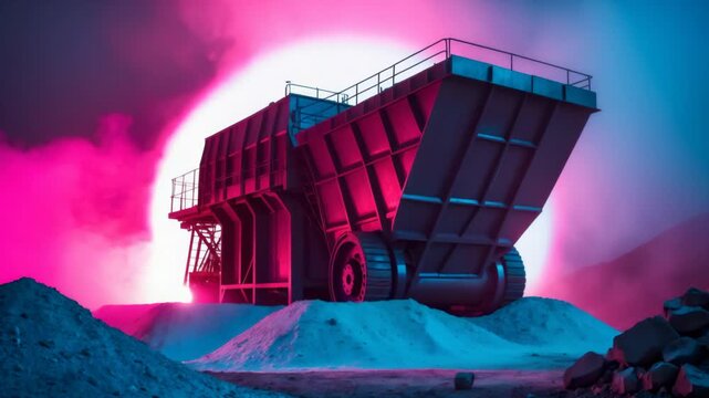 Industrial hopper glows with pink and blue lights