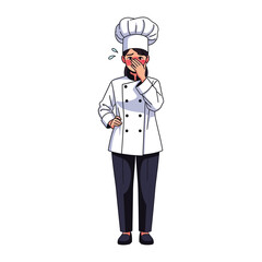 Oops, Chef in a Bind: A female chef, clad in professional attire, is visibly flustered, conveying a moment of culinary stress or a surprising situation in a visually striking image.