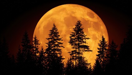 Orange Moon Rising Behind Silhouette Trees