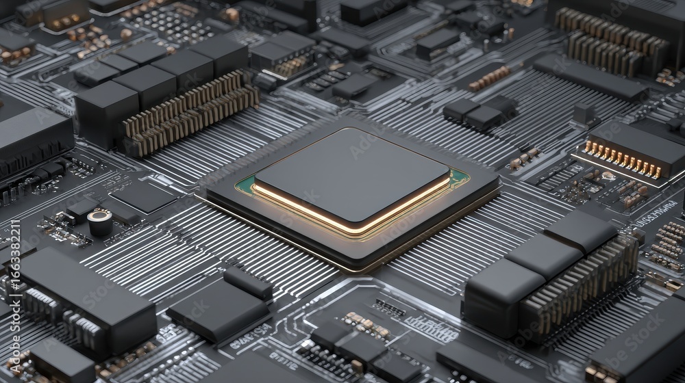Aufkleber close-up view of a computer chip surrounded by circuitry on a circuit board