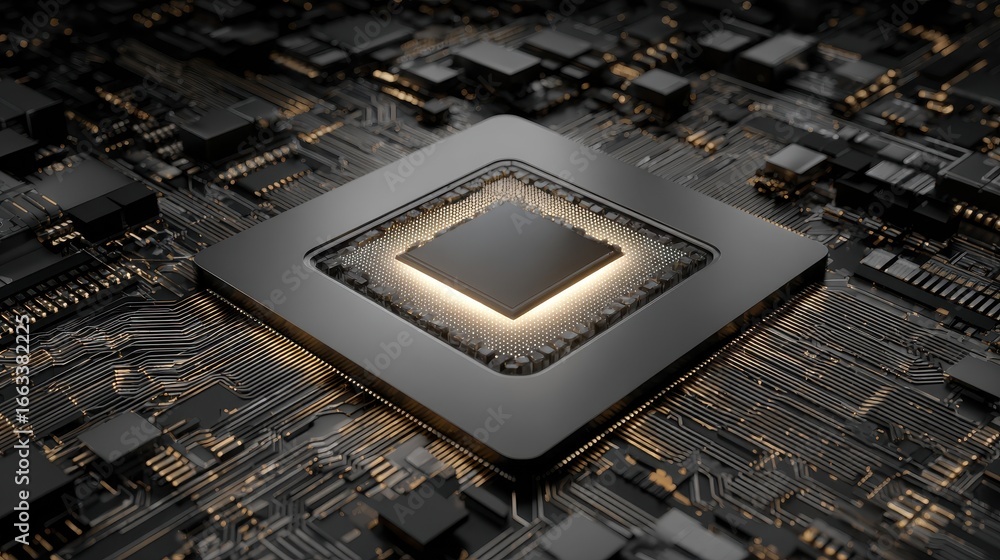 Poster close-up view of a computer microprocessor on a densely packed circuit board
