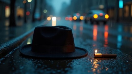 Noir detective hat and cigarette on wet city street at night