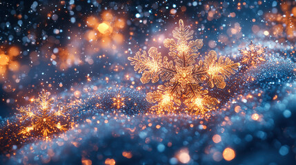 A winter wonderland, where snowflakes, the ethereal messengers of winter, danced in a kaleidoscope of gold and midnight blue, against a backdrop of pristine white, rendered by the creative genius 