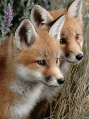Fototapeta premium Pair of foxes in a natural setting amidst greenery.