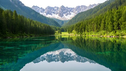 Emerald lake reflecting snow capped mountains and dense evergreen forest image