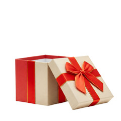 Obraz premium Open Red and Beige Gift Box with Decorative Lid and Red Ribbon on White Background
