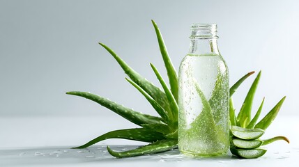 Aloe vera plant and clear bottle with liquid and aloe slices on a white surface with water drops
