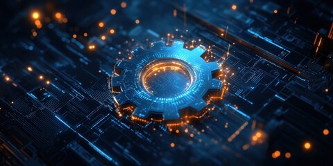 A glowing gear sits embedded in a circuit board, with data streams and light particles. Blue and orange hues dominate