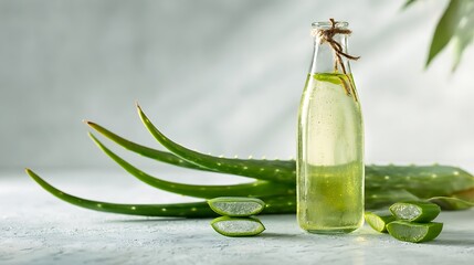 Still life of aloe vera leaves and slices with a bottle of aloe vera juice on a light surface