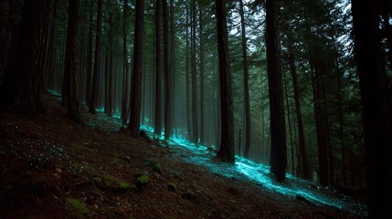 Fototapeta premium A dark forest illuminated by a glowing blue stream and scattered bioluminescent specks on the ground