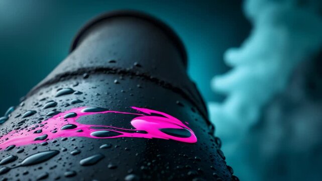 Raindrop impacts pipe with teal smoke in background