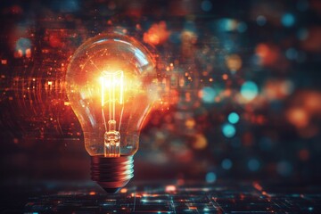 A glowing lightbulb with digital elements, representing innovation and ideas against a blurred background