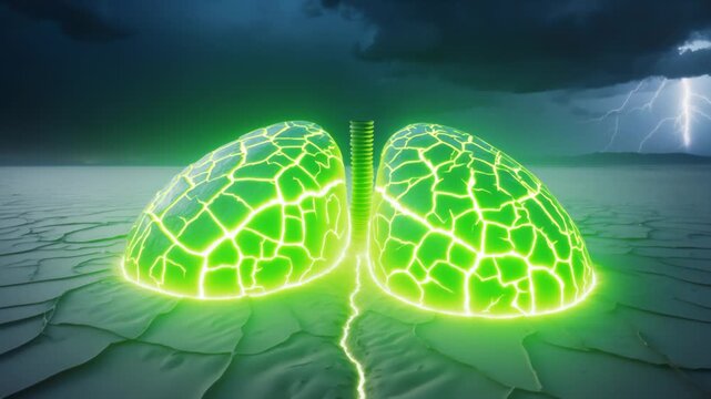 Cracked glowing lungs and lightning in parched landscape
