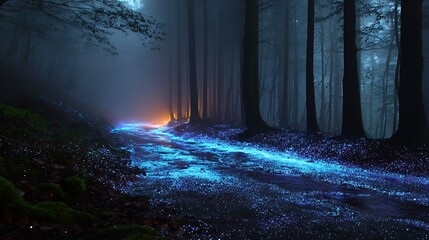 A glowing stream winding through a dark forest with tall trees and a misty atmosphere at twilight hour