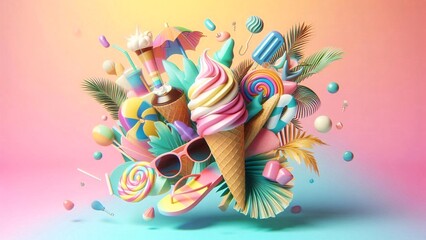Naklejka premium Colorful explosion of summer treats, ice cream, and beach accessories.