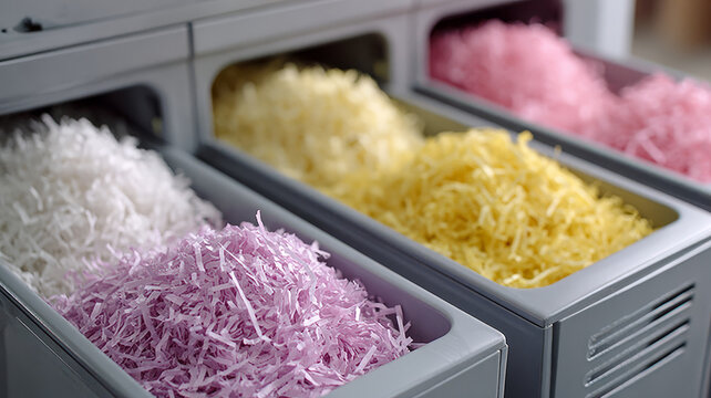Multicolored shredded paper in trays for recycling and disposal.
