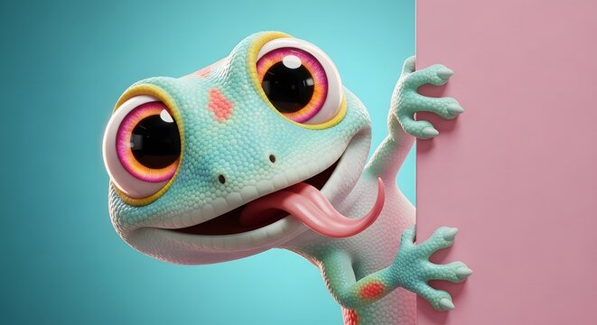 A cute cartoon gecko with big eyes peeks from behind a pink wall with its tongue out. - Powered by Adobe