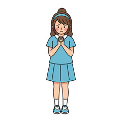 Young girl in a Plea: A young girl with a worried expression and folded hands stands as a vector illustration conveying sincerity, vulnerability, and a hopeful plea for understanding.