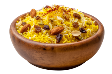 Delicious indian pulao rice with nuts and raisins served in a rustic wooden bowl against a black background