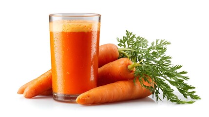 A glass of carrot juice with fresh carrots and greens on a white background in a studio shot