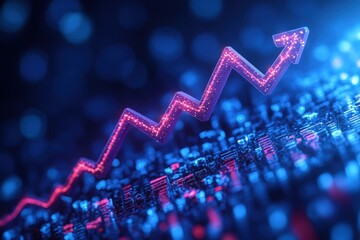 A glowing red arrow points upwards, overlaid on a circuit board with blue bokeh lights. Concept of growth and progress