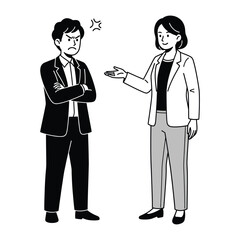 Conflict in the Boardroom: A stark black and white illustration shows a male colleague scowling with crossed arms, while a female colleague gestures empathetically.