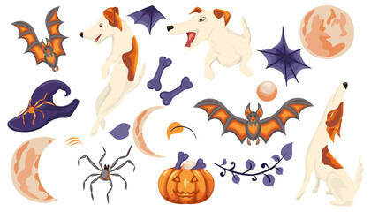 Obraz premium Smooth fox terrier Halloween clipart with pumpkins bats and spooky symbols