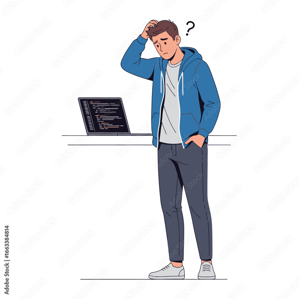 Fototapete confused code writer: a digital illustration captures the essence of a young person grappling with a