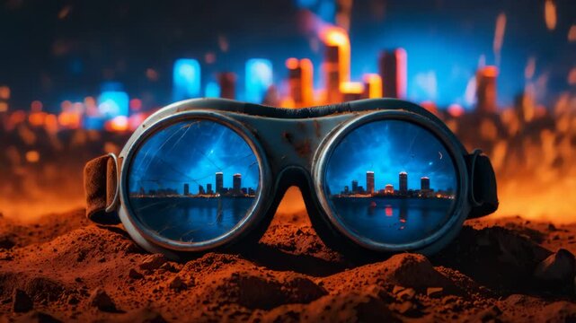 Cracked goggles in red dirt with city reflection and sparks
