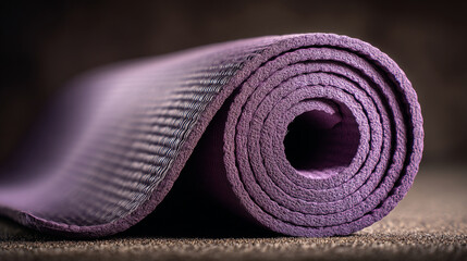 A close up shot of a partially rolled purple yoga mat revealing its textured surface and circular form