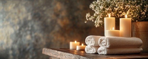 A spa-like scene. Lit candles next to rolled white towels, with flowers. The background is a textured wall. Soft focus, romantic vibe