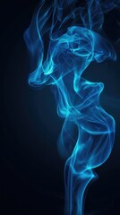 Ethereal blue smoke swirls against a dark background, creating an abstract, almost human-like form with elegant, flowing lines and subtle luminosity