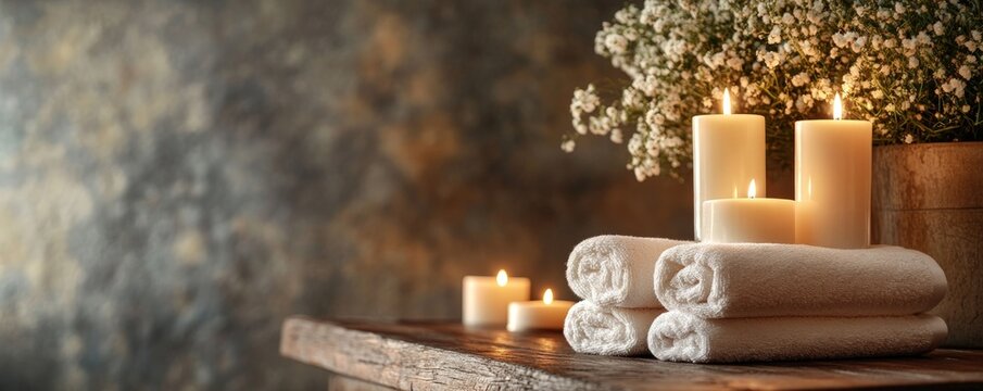 A spa-like scene. Lit candles next to rolled white towels, with flowers. The background is a textured wall. Soft focus, romantic vibe