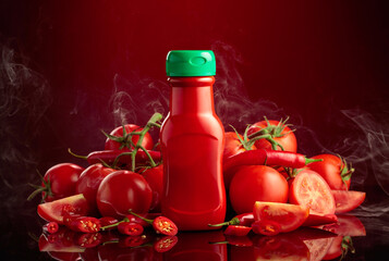 Plastic bottle of ketchup with fresh tomatoes and red peppers.