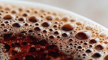 A close up shot of coffee foam with bubbles showing a rich texture and dark brown color in detail view